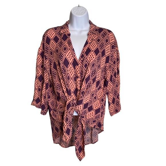 Anthropologie Porridge Womens Geometric Tie Front Blouse Size XS Oversized Boho - Picture 1 of 13